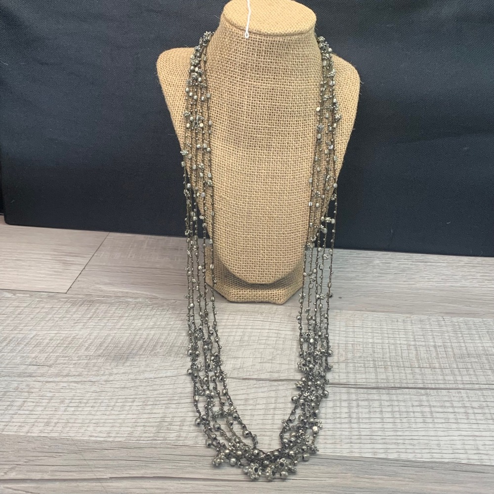 Boho Multi Strand Crocheted Metallic Silver Tone Bead Layered Necklace 40" 5502